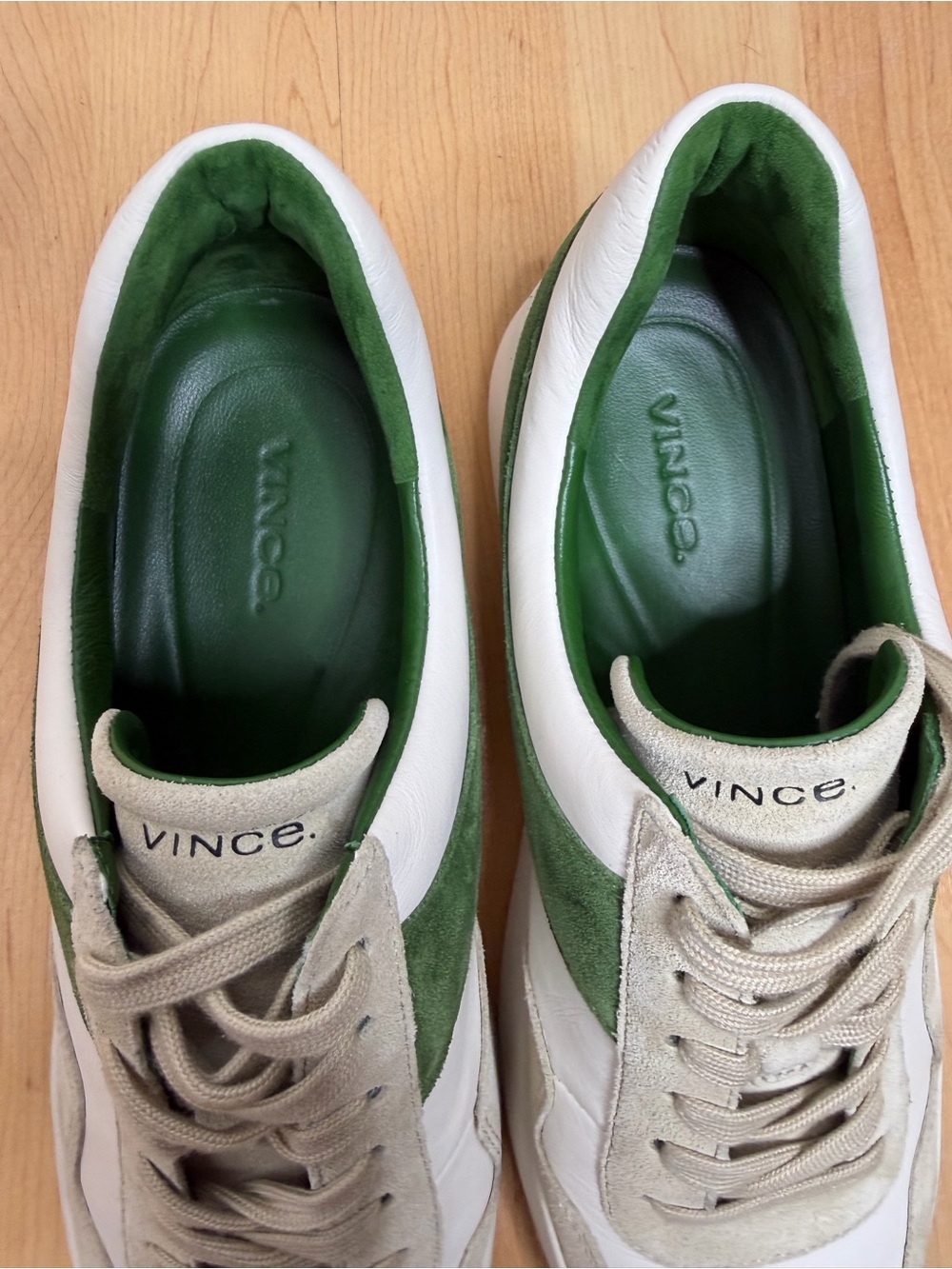 Vince White Leather Sneakers with Green Suede Panel and Gray Trim 8.5 - Picture 10 of 11